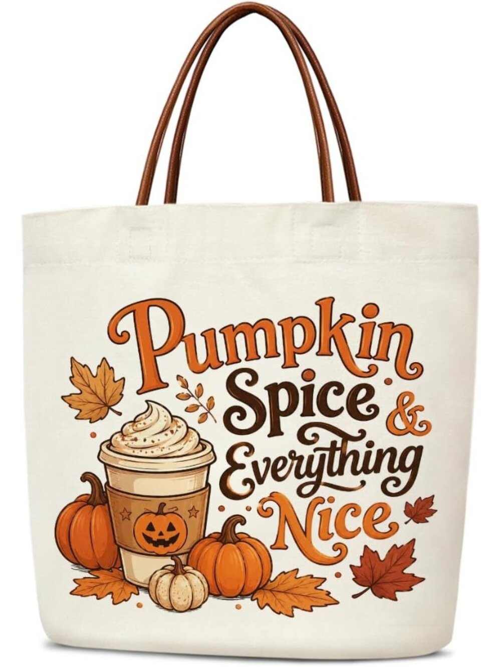 〽️Women Cream Pumpkin Spice Halloween Reusable Leather Handles Grocery Gift Bag